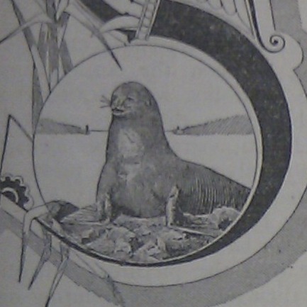 The 1884 newspaper masthead of a sea lion on a rock in front of the bridge-less Golden Gate Strait.