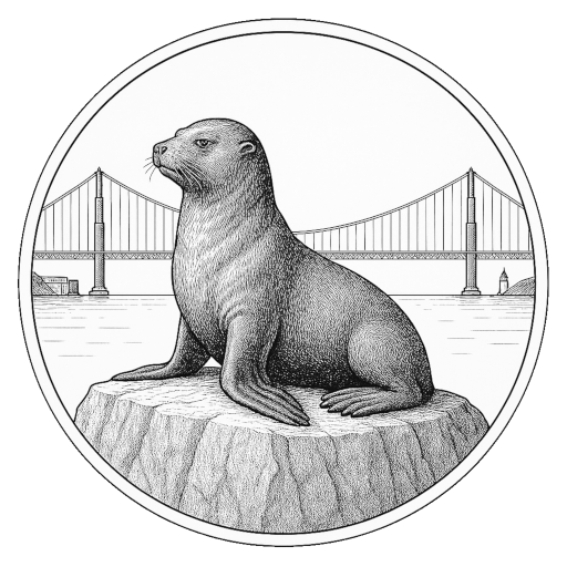 A circular emblem showing a sea lion on a rock before the Golden Gate Bridge