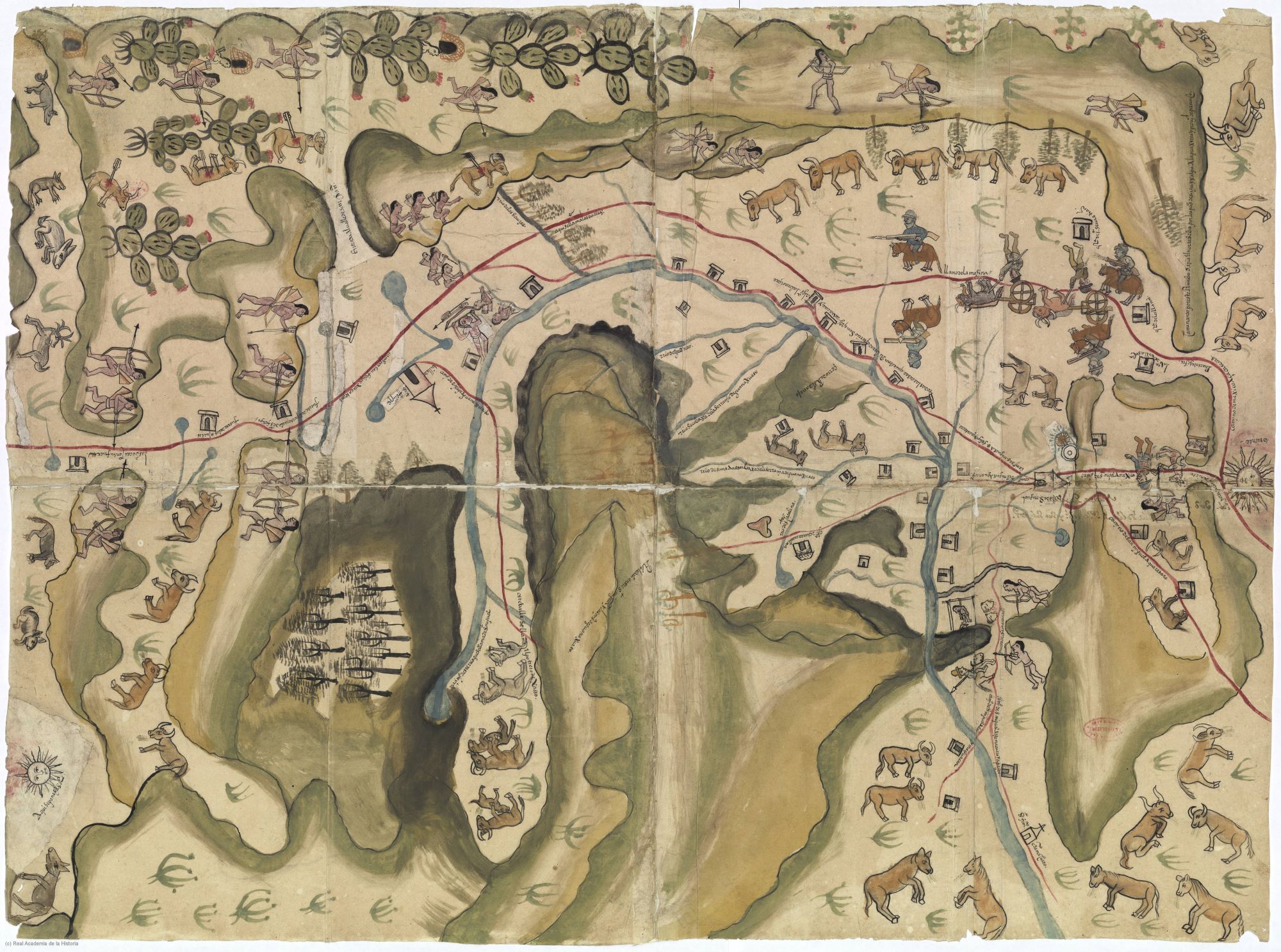 Map of the villas of San Miguel and San Felipe de los Chichimecas and the pueblo of San Francisco Chamacuero, circa 1579-1580