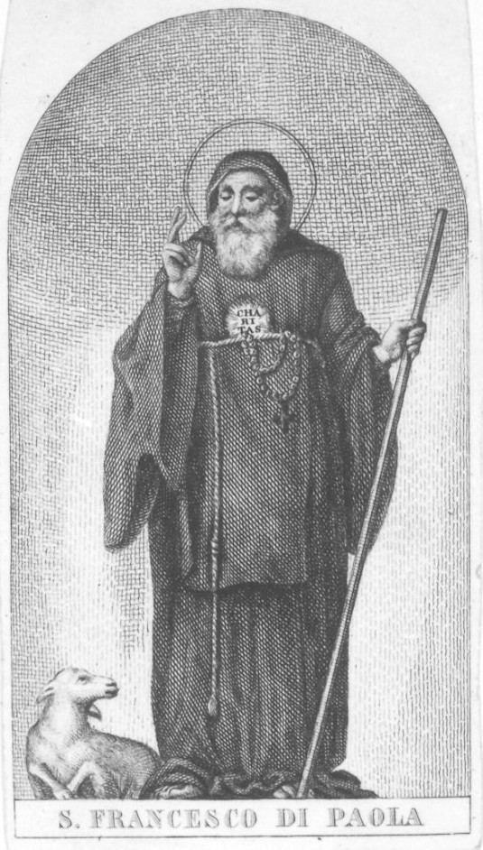 Engraving of St. Francis of Paola with his companion sheep, Martinello