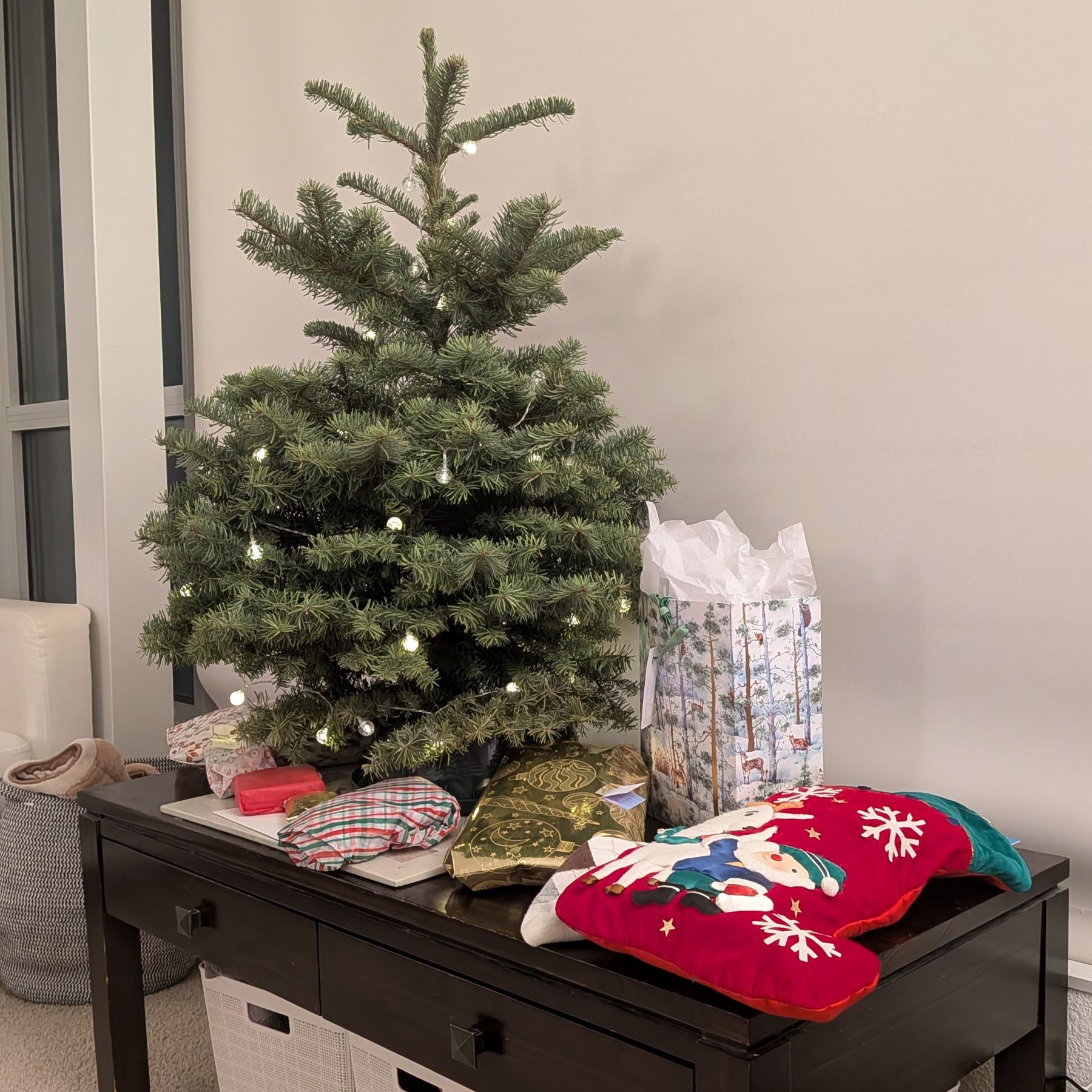 A small tabletop Christmas Tree with a few presents underneath.
