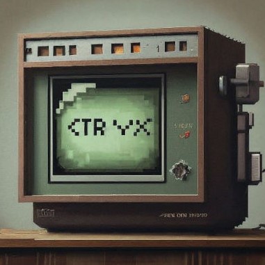 An edited generated pixel image of an old-school computer with the words CTRVX of the green screen